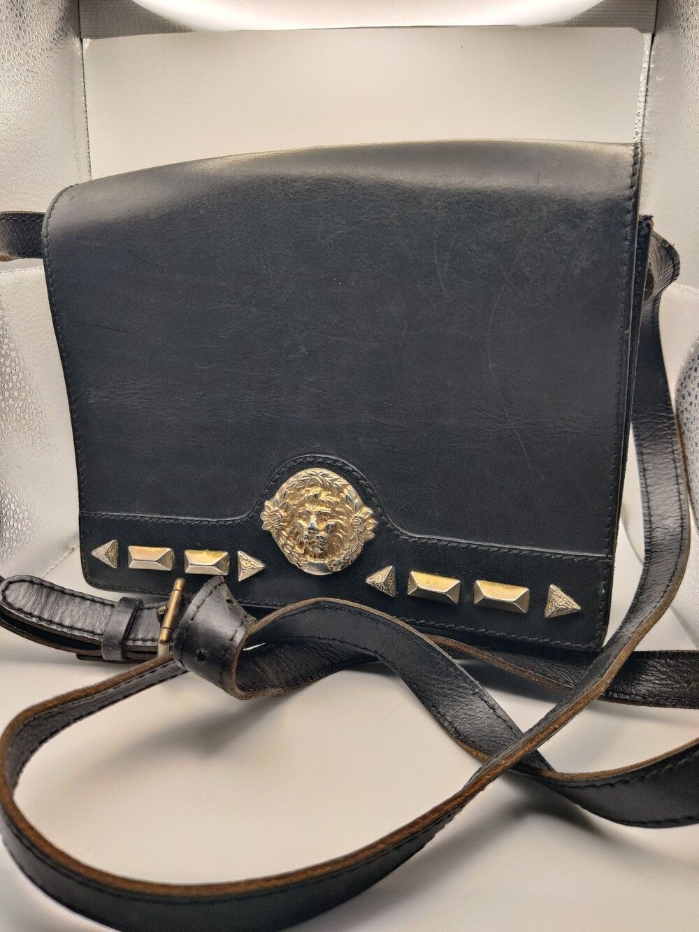Vintage Patterson Leather Crossbody Purse Black Gold Lion Medallion Studs